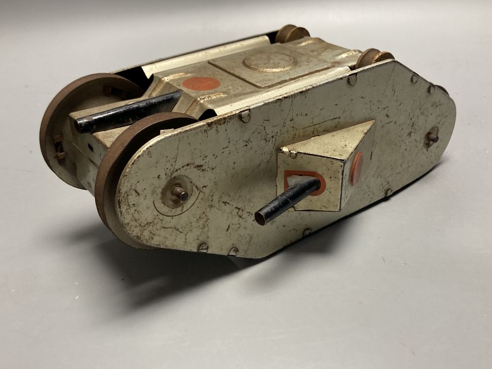 A tinplate clockwork WWI Turnover Tank, Louis Marx & Co, New York, circa 1932 (lacking trailer), L 22cm